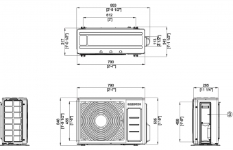 Samsung-Nordic-sieninio-kondicionieriaus-išorinio-bloko-brėžinys-2.6-3.4-kW